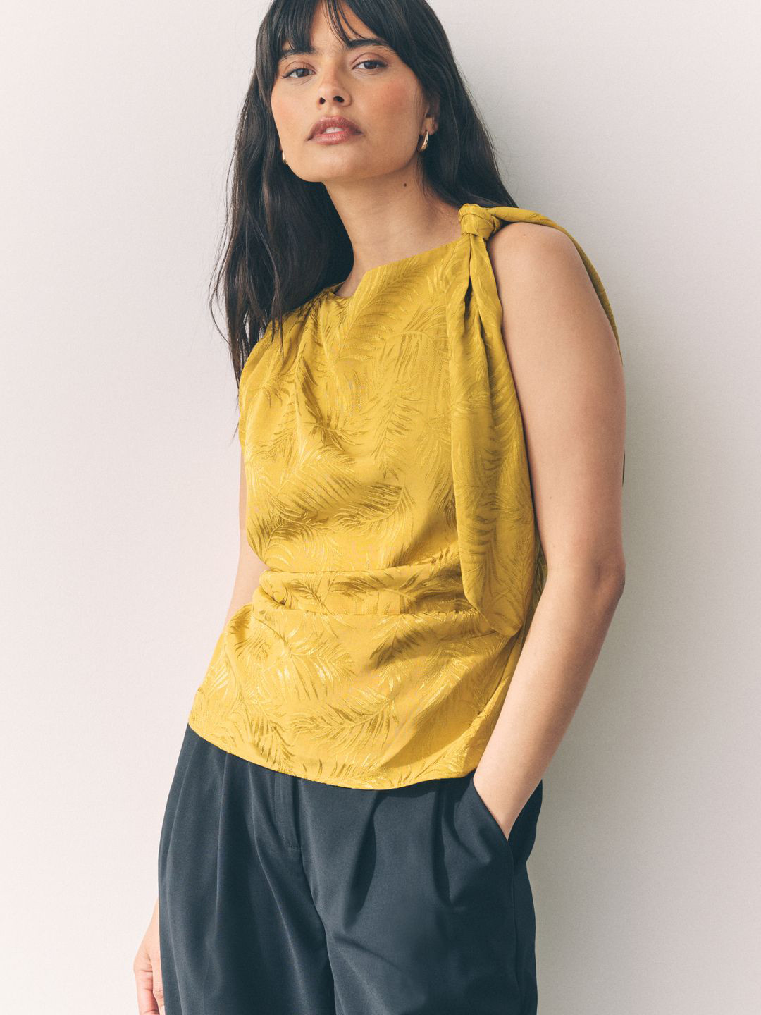 NEXT Tropical Self-Design Tie-Up Detail Draped Effect Jacquard Top