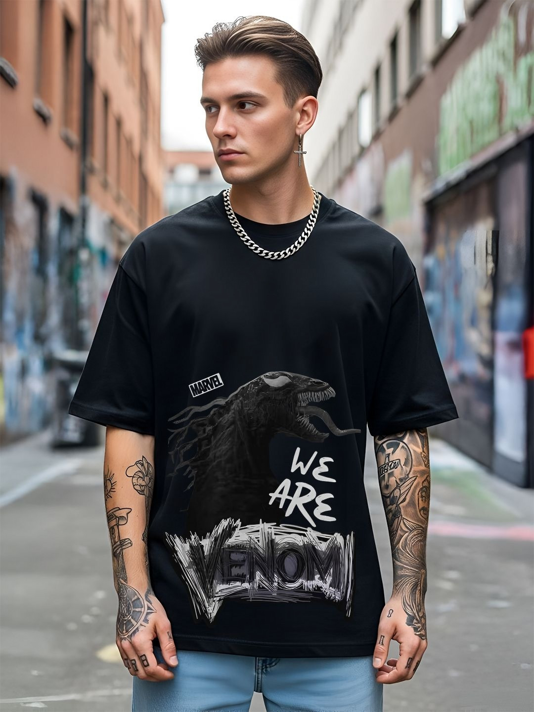 ANGERHOOD Graphic Venom Printed Drop-Shoulder Sleeves Oversized Cotton T-shirt
