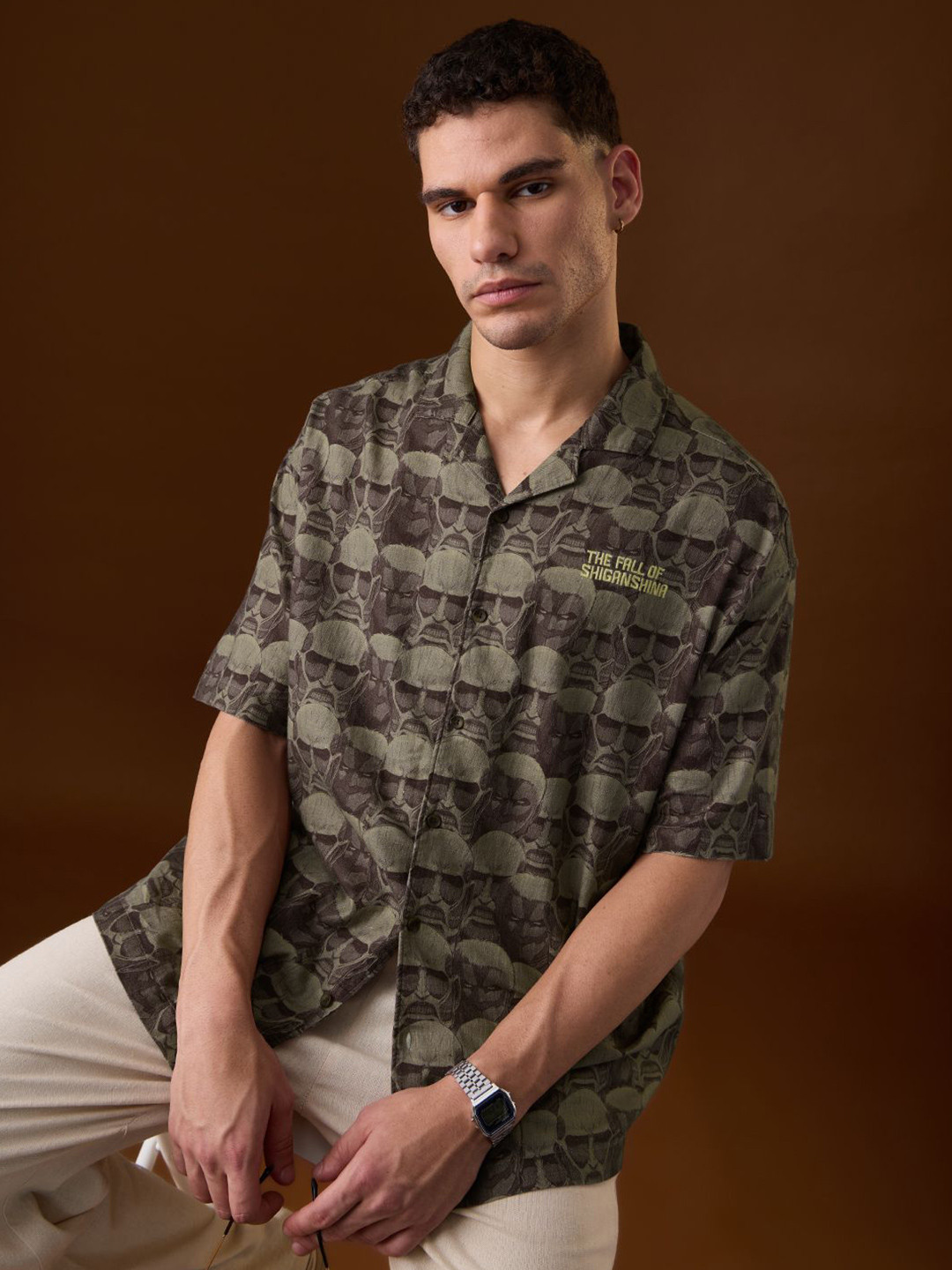 The Souled Store Men The Fall Of Shiganshina Printed Cuban Collar Cotton Oversized Shirt