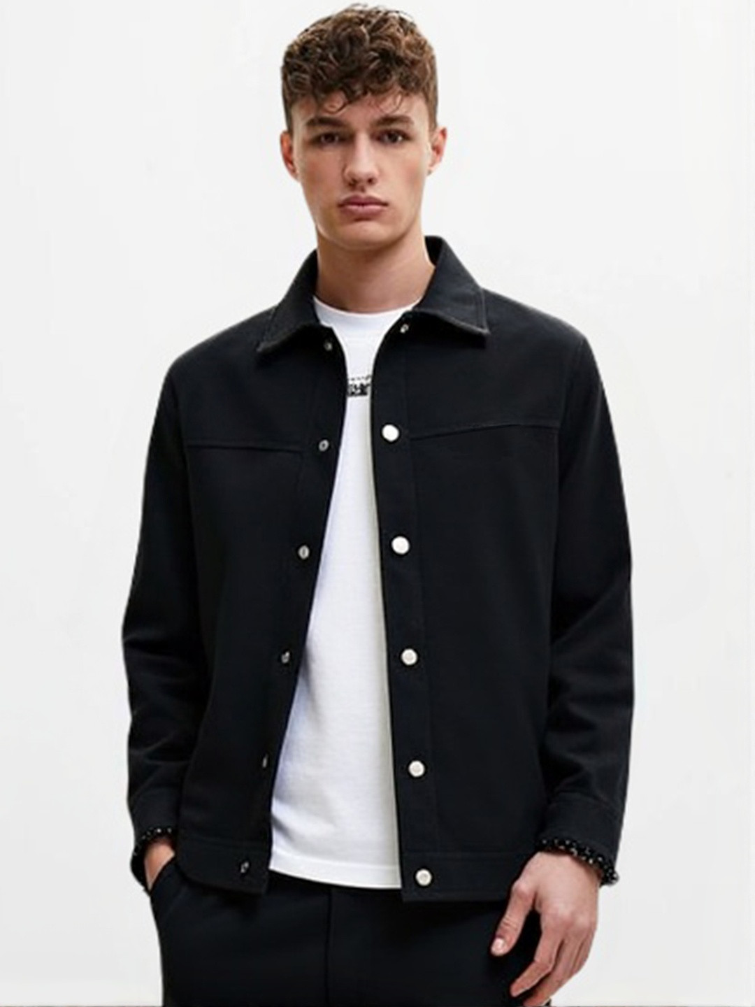 HERE&NOW Men Black Solid Polyester Long Sleeves Casual Shacket