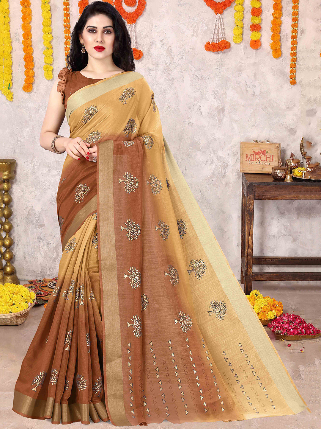 MIRCHI FASHION Ethnic Motifs Print Zari Block Print Ready to Wear Saree