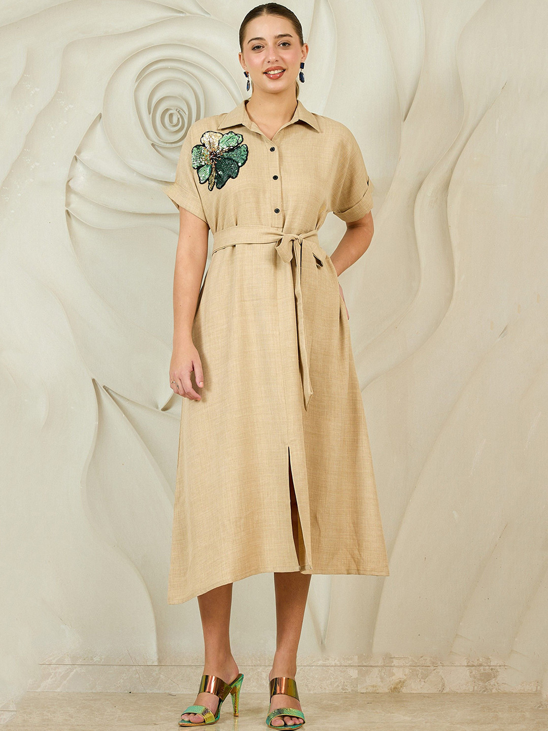 Shally Bhasin by Athena Embroidered Linen Shirt Collar Fit & Flare Midi Dress