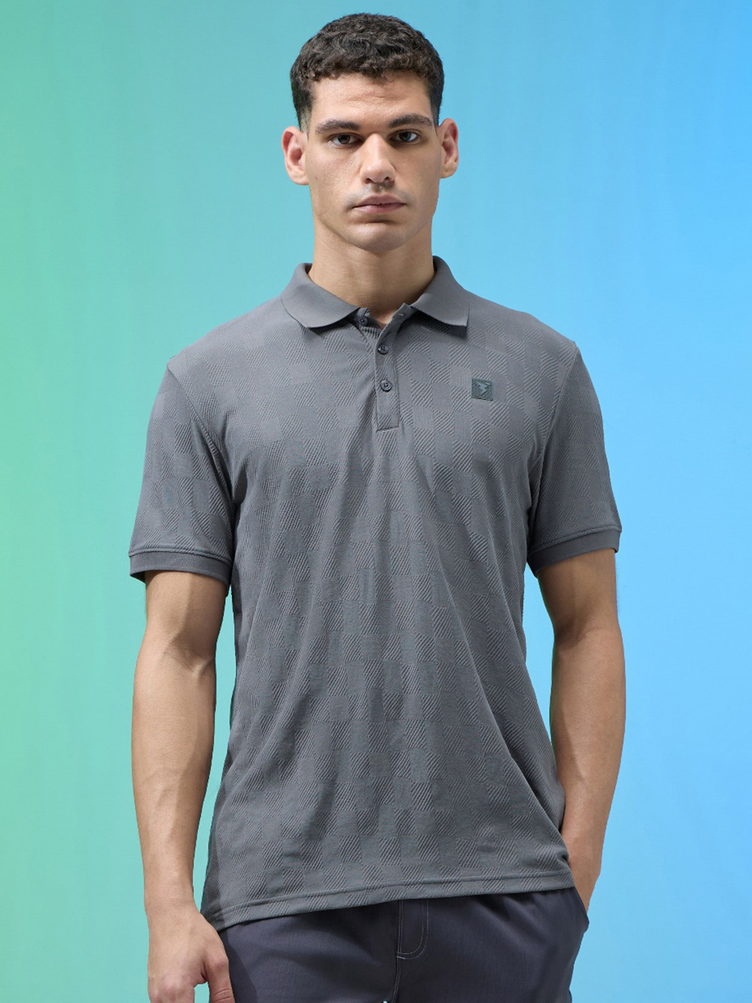 Technosport Geometric Textured Anti Static Jacquard Slim Fit Sports T-shirt With Cotflex