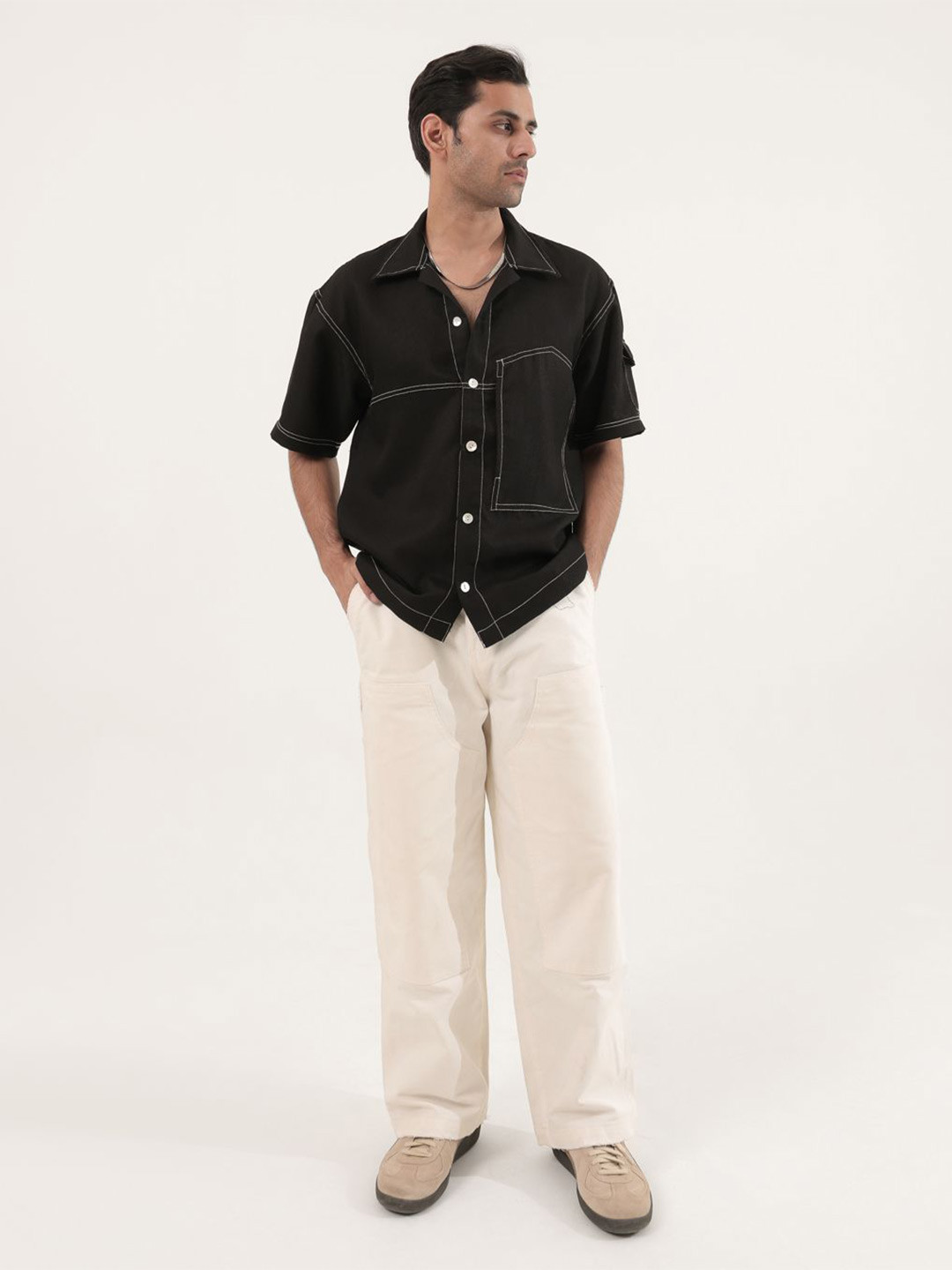 Black Relaxed Fit Spread Collar Shirt