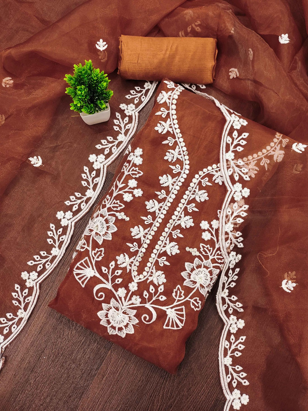 KALINI Women Rust Organza Sequin Work Unstitched Dress Material