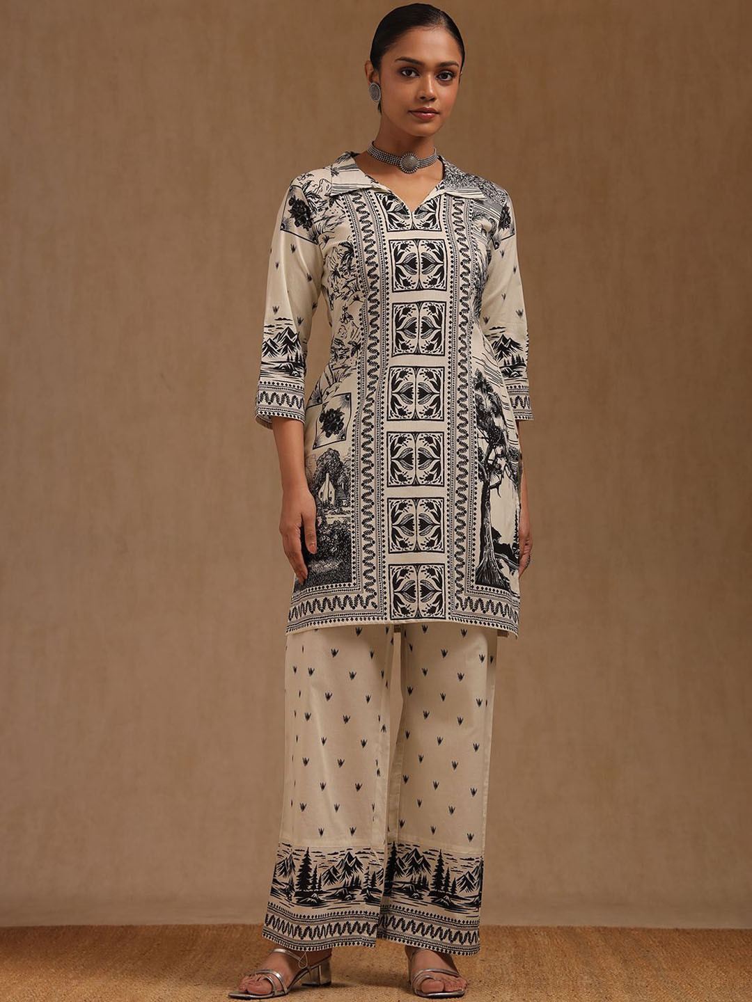 Soch Botanical Printed Shirt Collar Pure Cotton Straight Kurta With Trousers