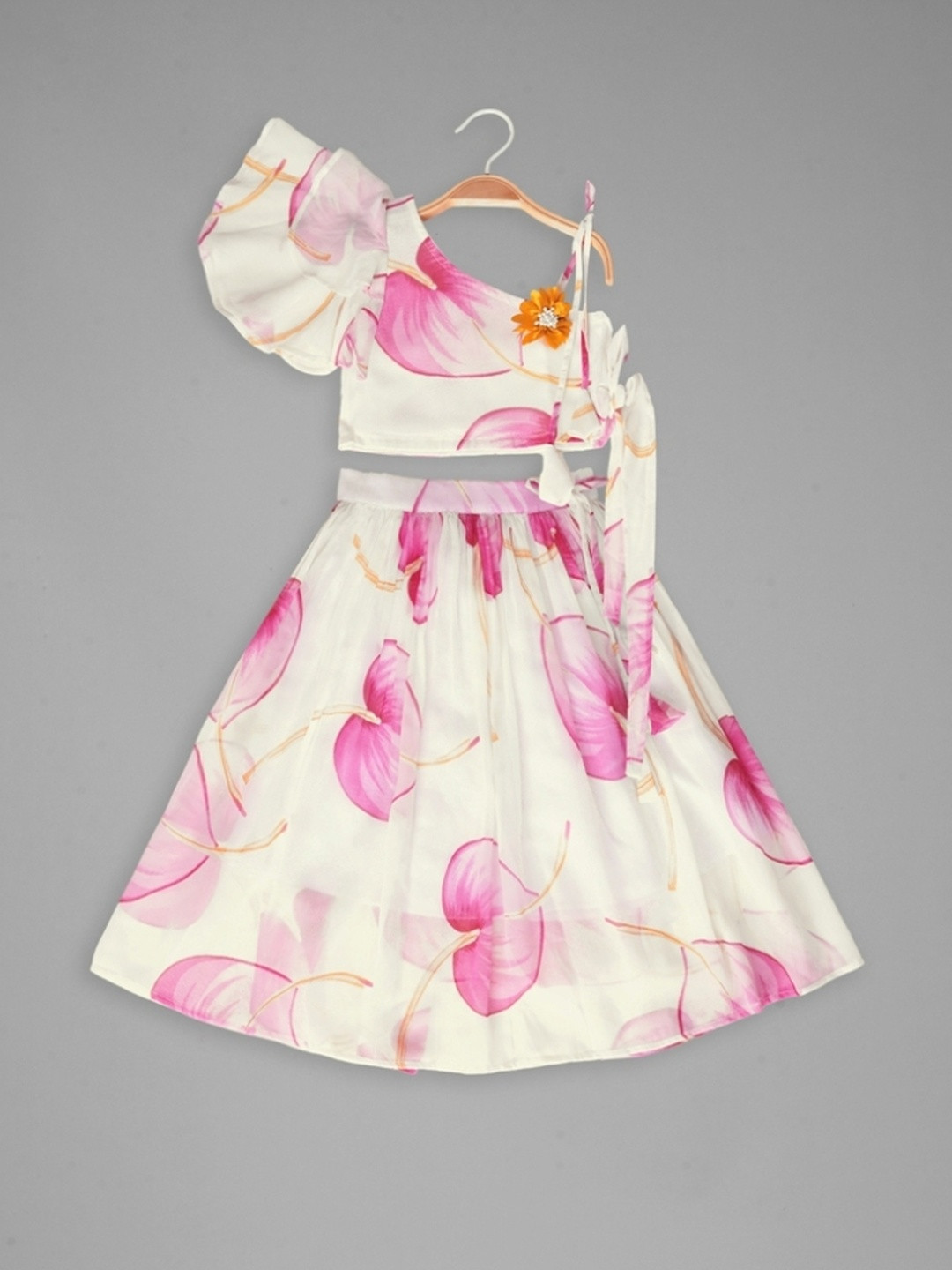 IRSIA Girls Pink & Cream Floral Printed One Shoulder Lehenga Choli