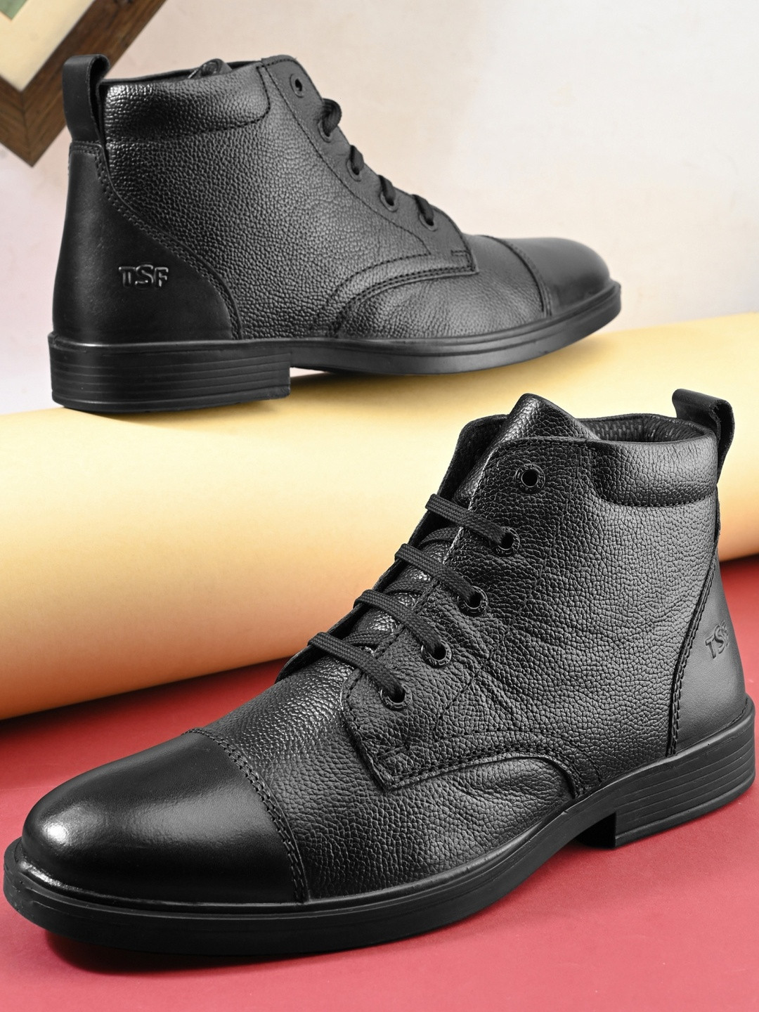 TSF Men Black Synthetic Leather Lace Ups Fastening Boots