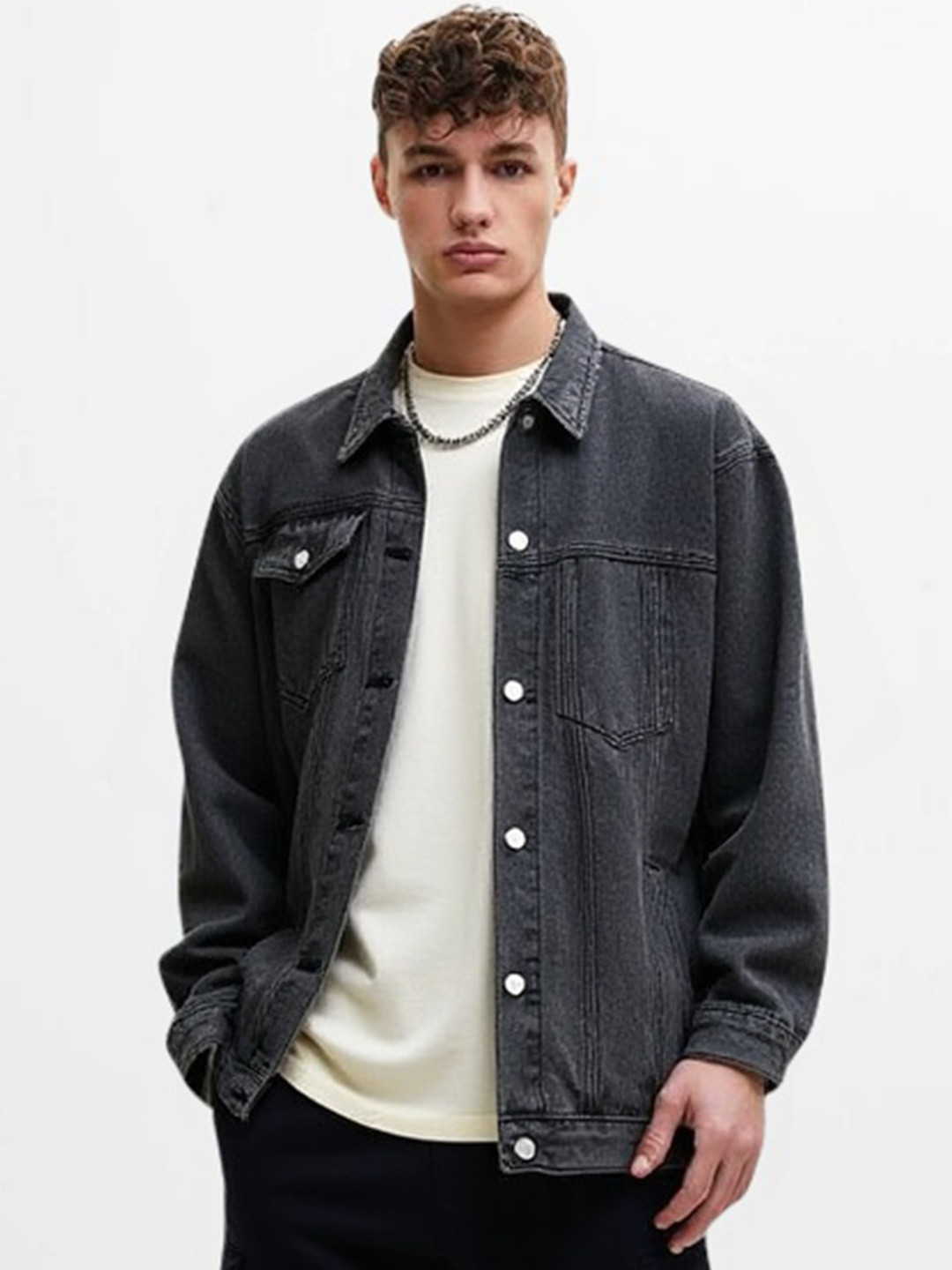 HERE&NOW Men Grey Solid Denim Jacket With Long sleeves