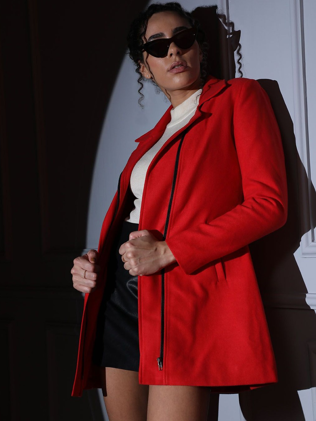 Roadster Women Red Solid Casual Notched Lapel Coats