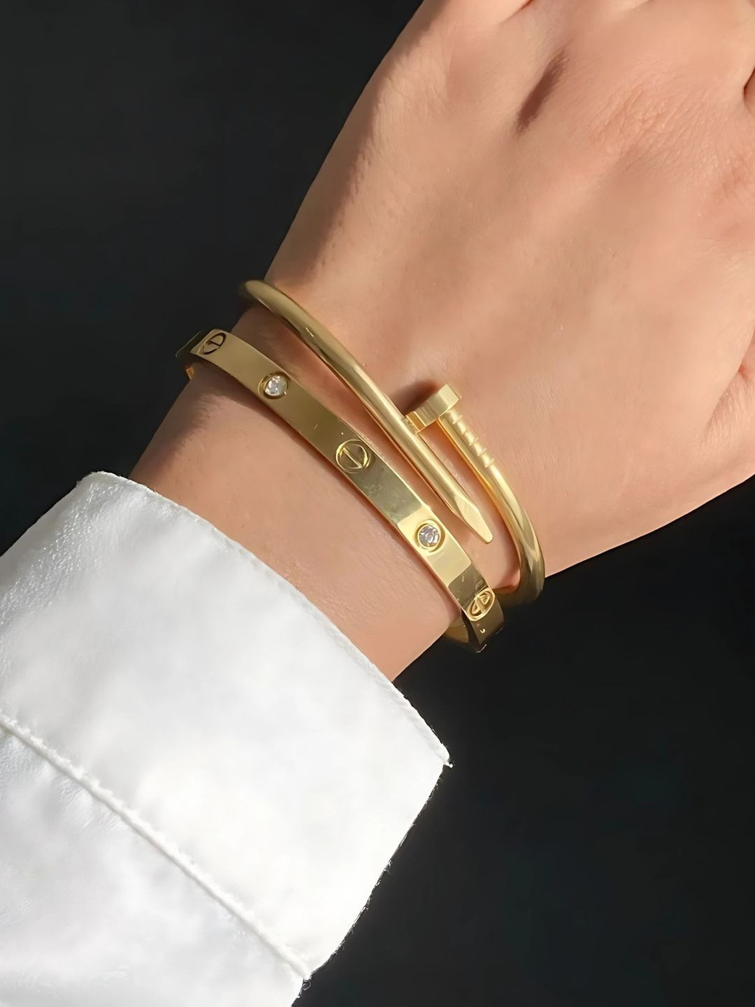 Bauble Cluster Women Gold Plated Set of 2 Nail & Cubic Zirconia Stainless Steel Bracelets