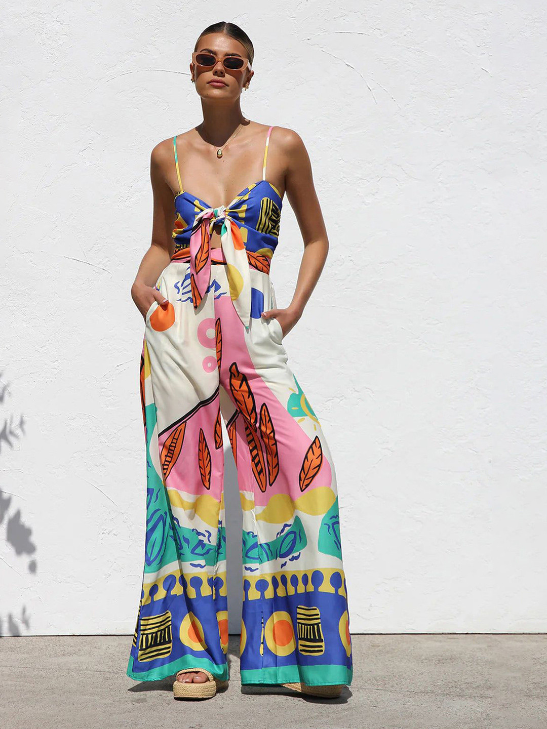 Outzidr Women Abstract Printed Spaghetti Strap Front Knot Dress Basic Jumpsuit