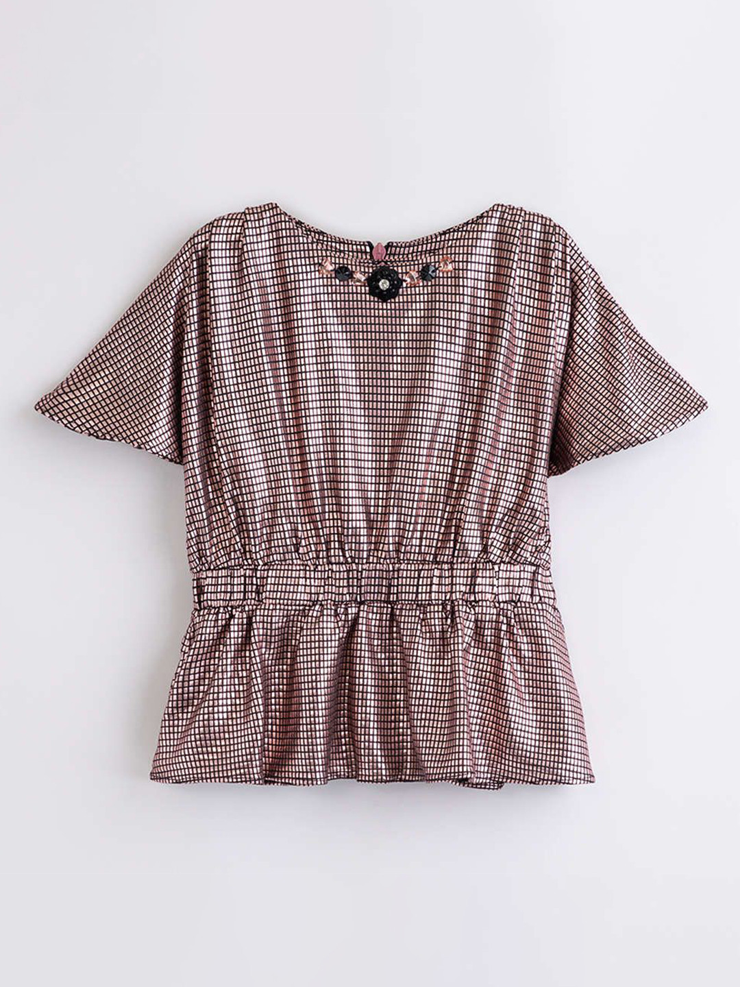 Tiny Girl Checked Round Neck Peplum Top