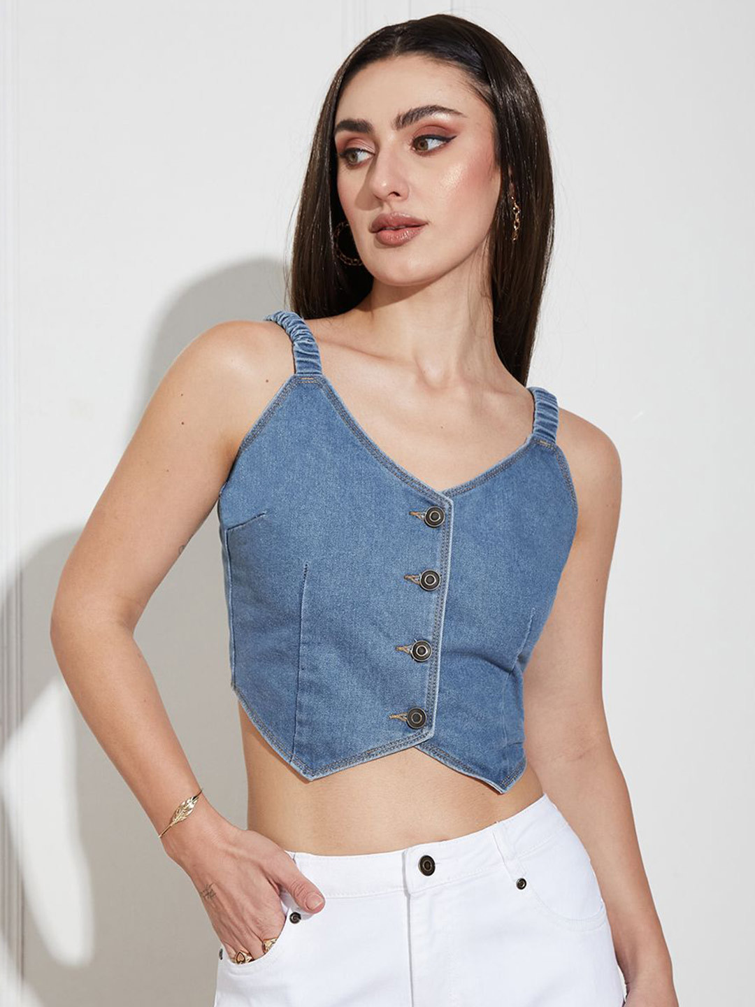Miss Chase V-Neck Fitted Denim Crop Top