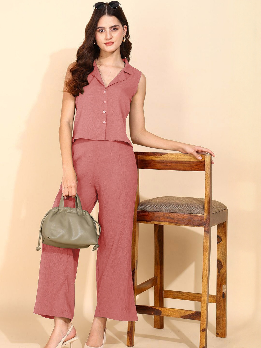 Stem Rope V-Neck Cotton Blend Co-ord Set