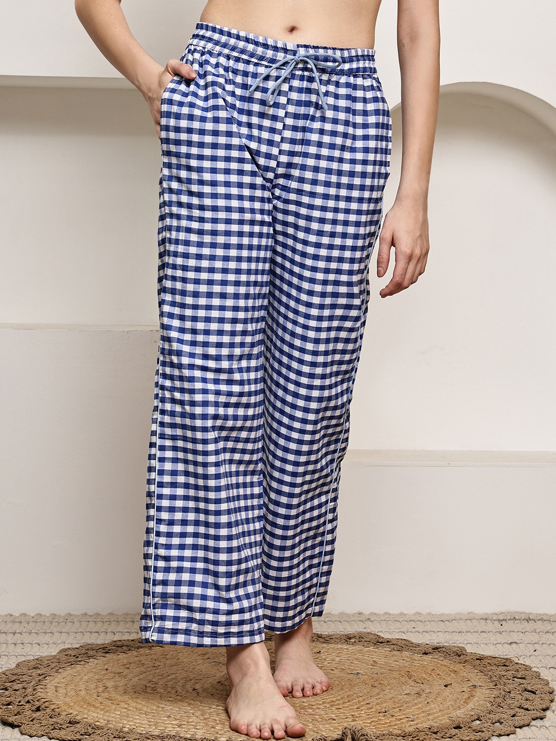 Overlock Women Pack Of 2 Blue & Black Check Lounge Pants With Elasticated Drawstring Waist