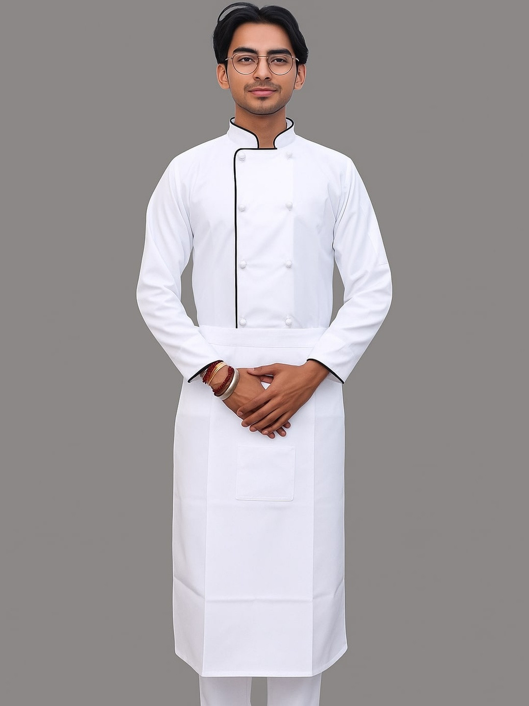 KE KAVITA EXPORT Men White & Black Piping Chef Coat With Apron Double Side Button