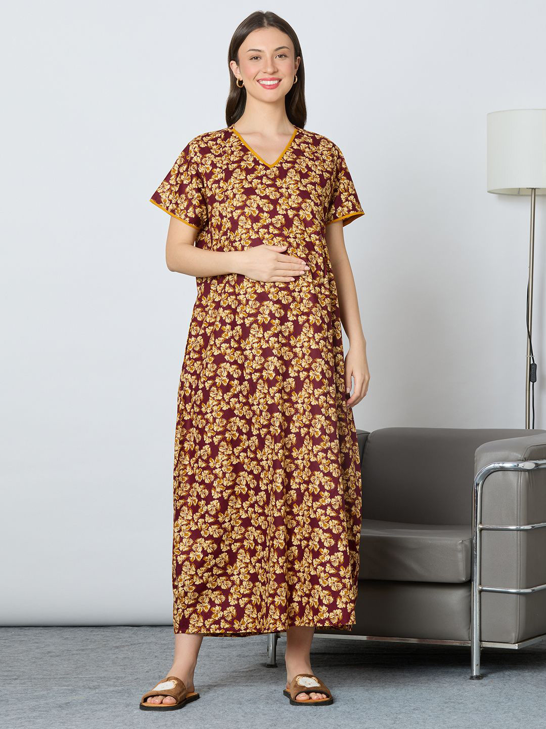 MomToBe Women Floral Printed Claret Wine Feeding Cotton Nightdress