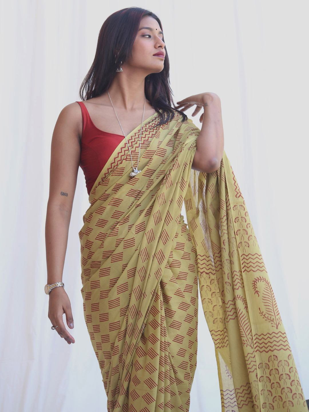GRAY AND GREEN Palash Pigment Hand block Printed Mehndi Cotton Saree