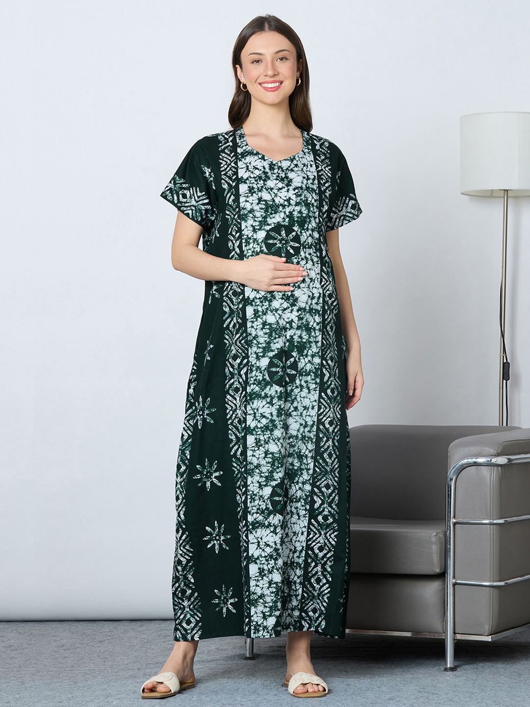 MomToBe Women Cotton Sacramento Green Feeding Nighty