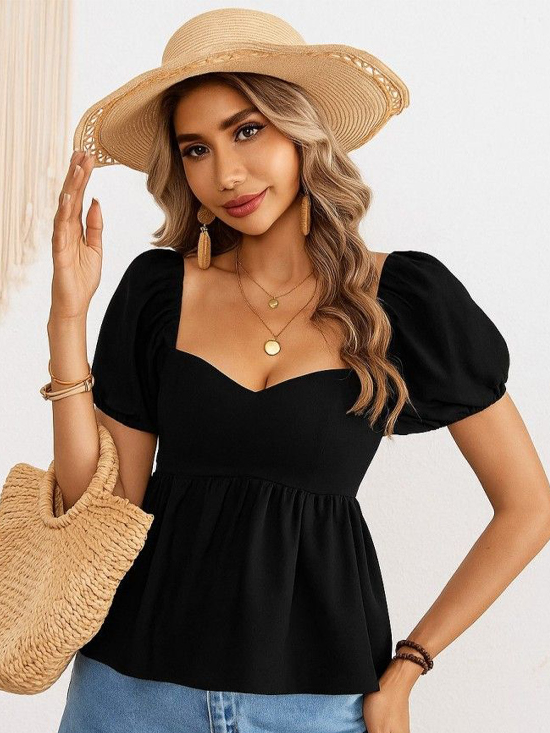 ELYRAA Sweetheart Neck Puff Sleeve Crepe Peplum Top