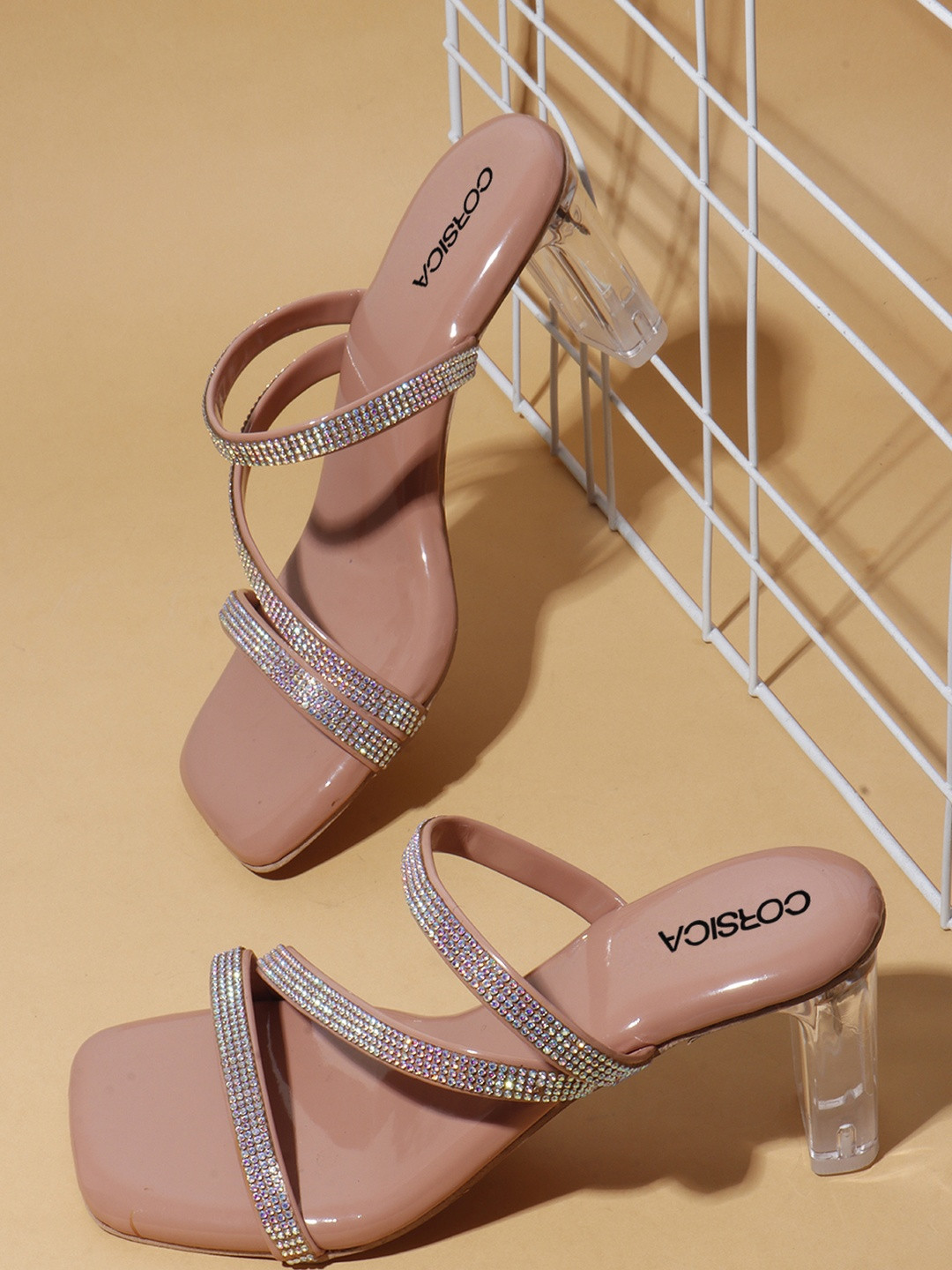 CORSICA Women Pink & Silver Toned Embellished Synthetic Square Toe Block Heels