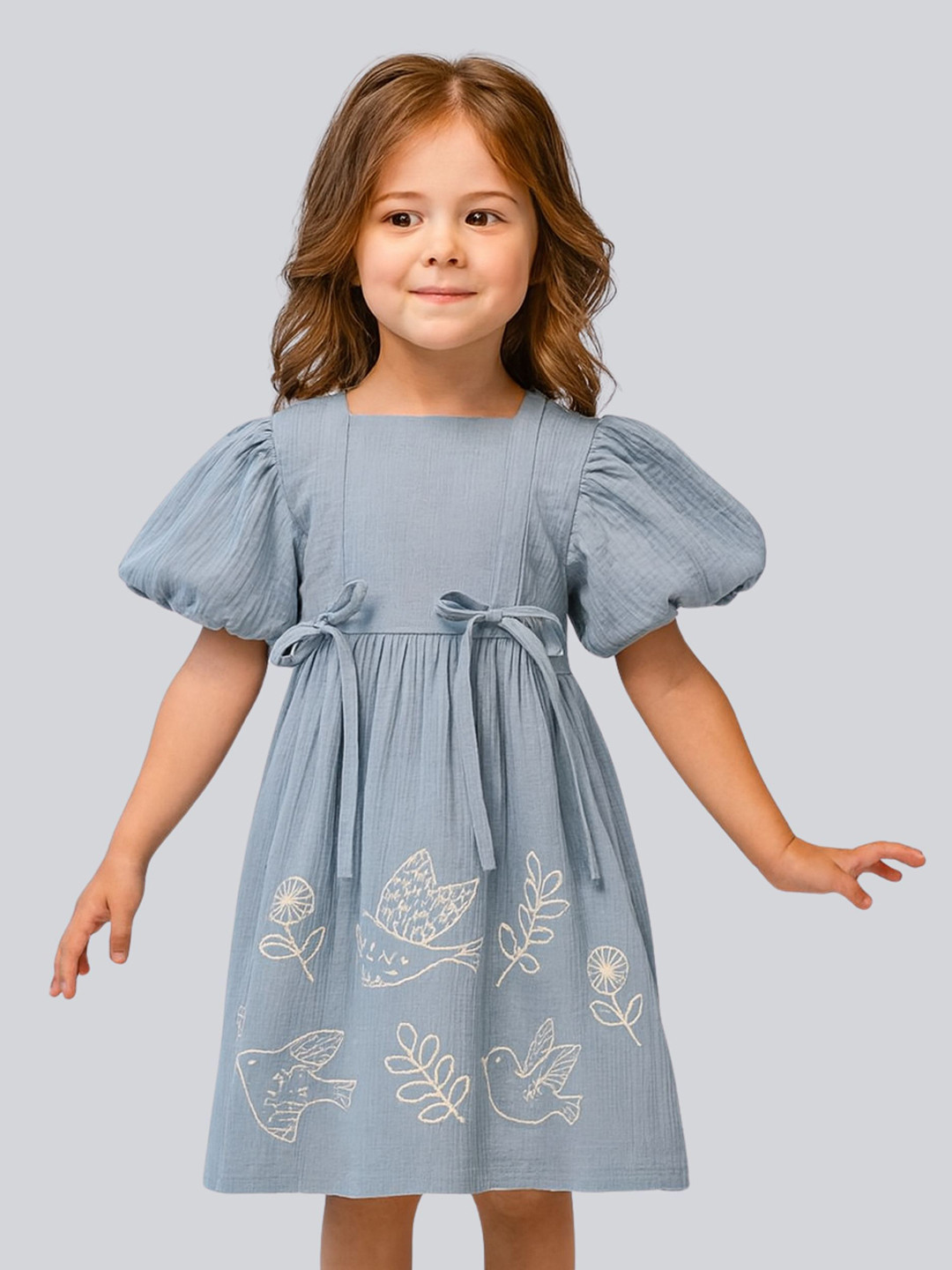 Le Nino Girls Floral Embroidered Puff Sleeve A-Line Midi Dress