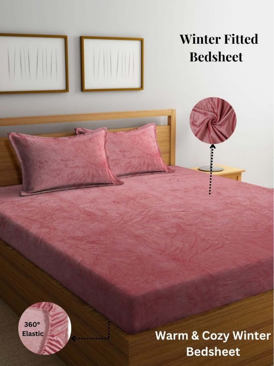 Aura Rust Solid Woolen King Size Winter Fitted Bedsheet & 2 Pillow Covers 2.35 m X 2.15 m