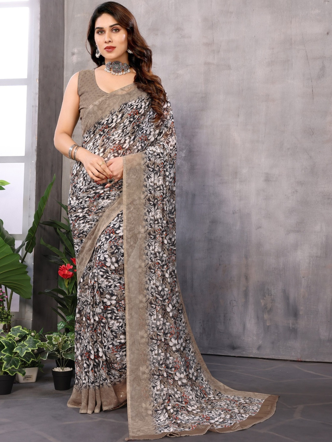 KALINI Brown Poly Georgette Printed Sarees