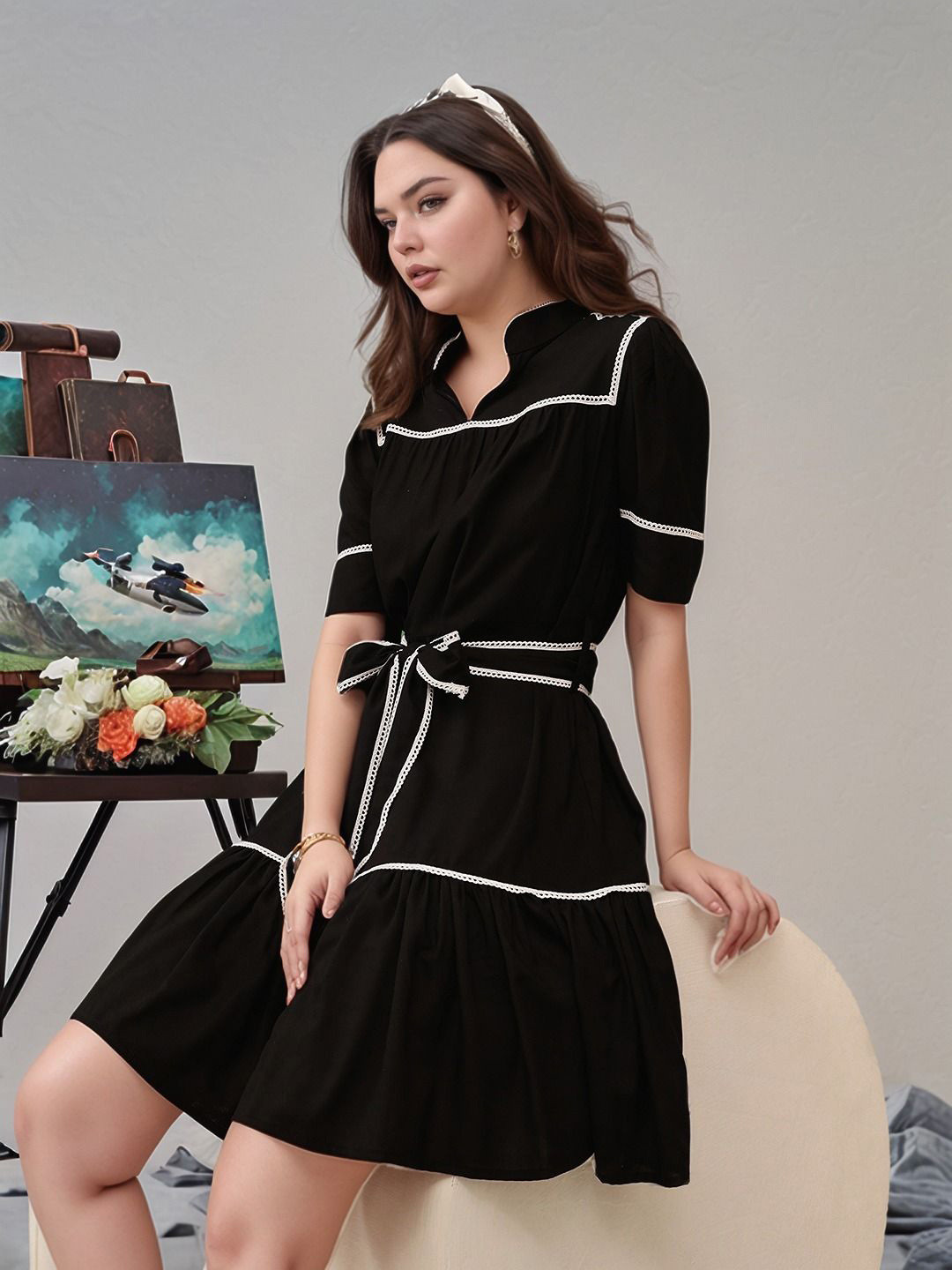 Molly & Michel Mandarin Collar A-Line Mini Dress