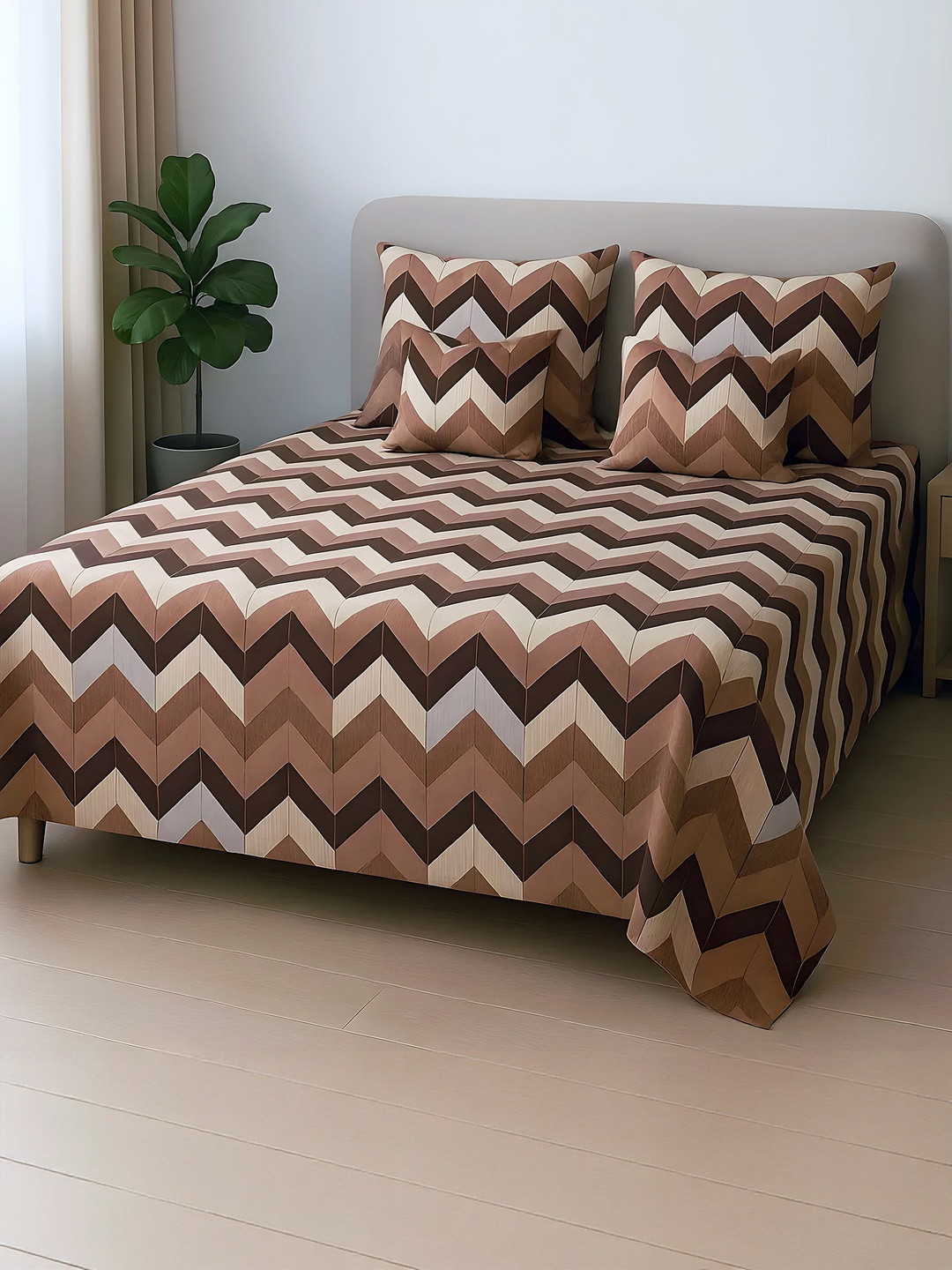 DREAM LIVING  Pack Of 5 Bronze-Toned Floral 144 TC Queen Bedsheet with 2 Pillow Covers