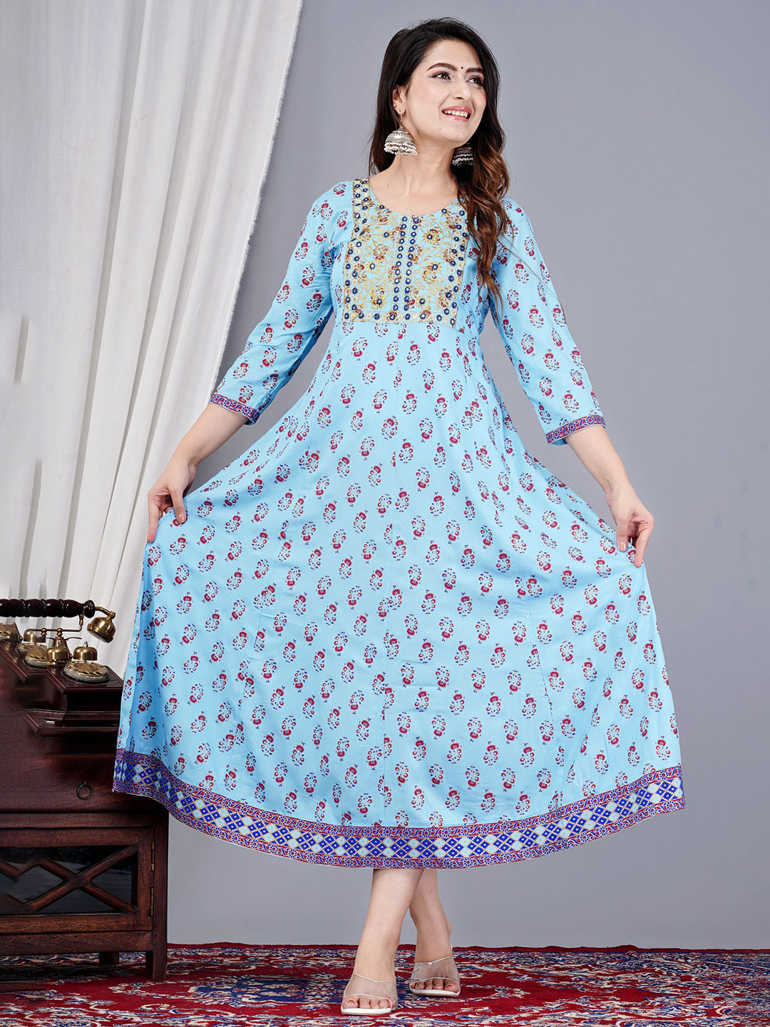 ZELA Ethnic Motifs Printed Mirror Work Anarkali Kurta