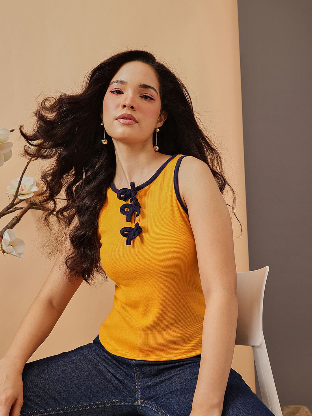 STREET 9 Round Neck Cotton Tank Bow Top