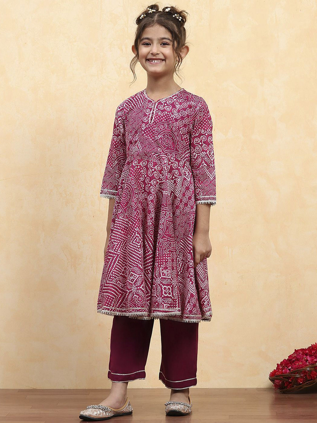 Biba Girls Floral Embroidered Thread Work A-Line Pure Cotton Kurta Set With Jacket