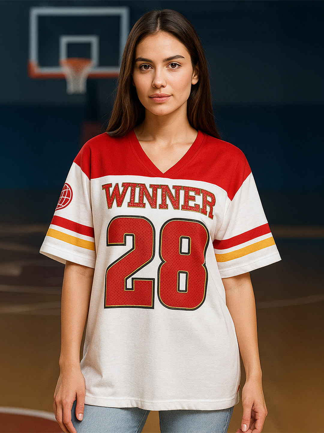 JUNEBERRY Women White & Red Typography Print V Neck Relaxed Pure Cotton Oversized T-shirt