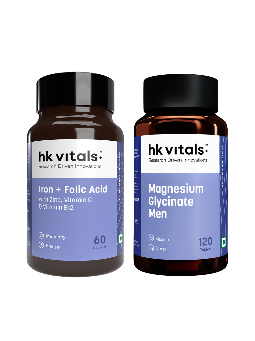 HK VITALS Set Of 2 Magnesium Glycinate Tablets-120 Tablets & Iron + Folic Acid -60 Capsule