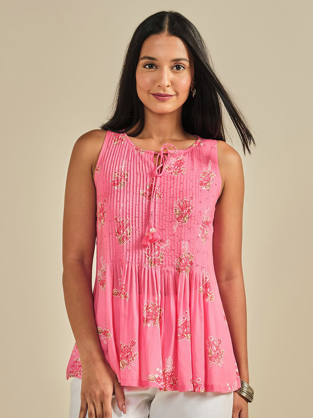 Global Desi Floral Printed Tie-Up Neck Modal A-Line Top