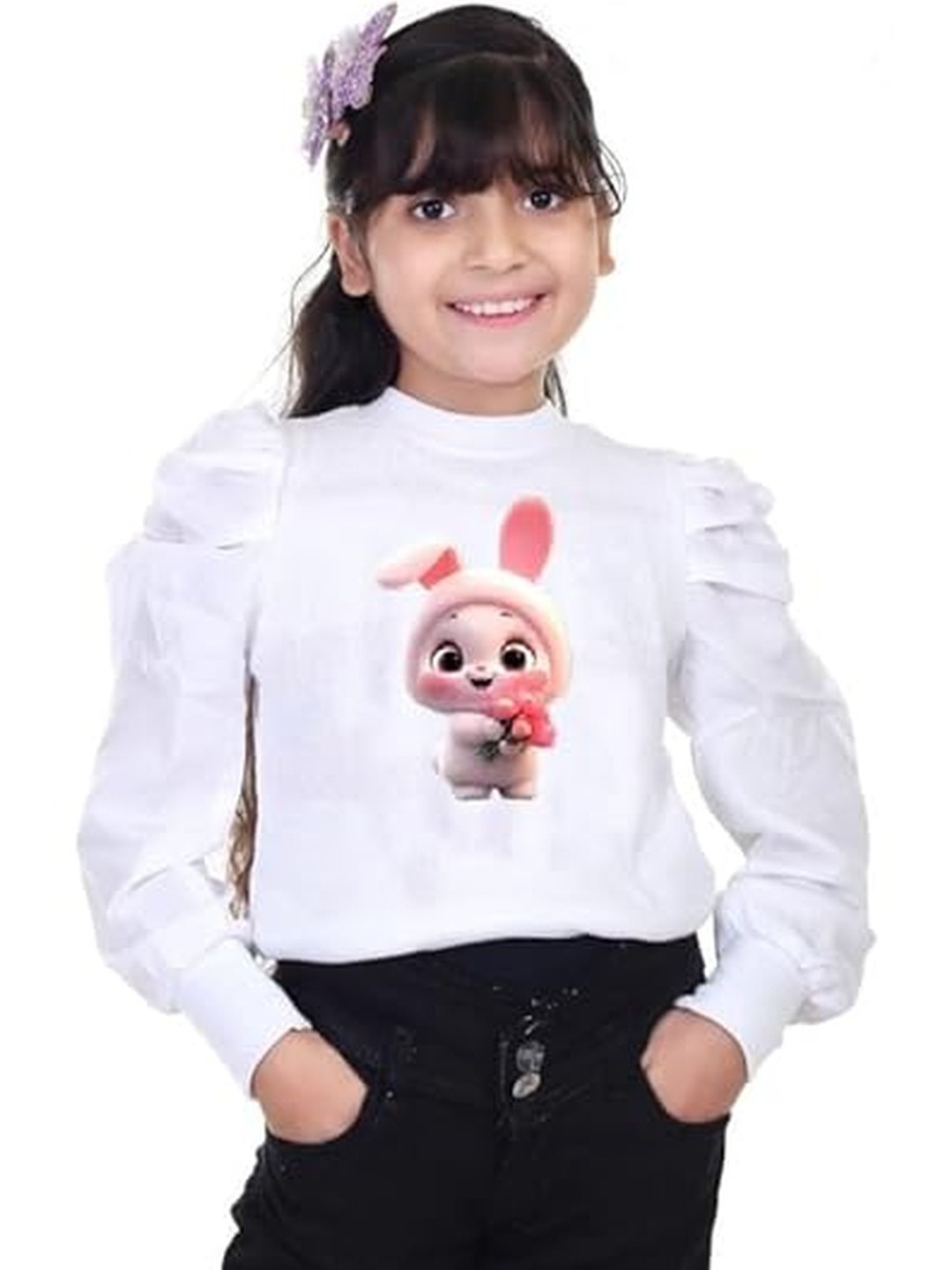 KIROTO Girls White Animal Ribbed Round Neck Long Puff Sleeves Tops