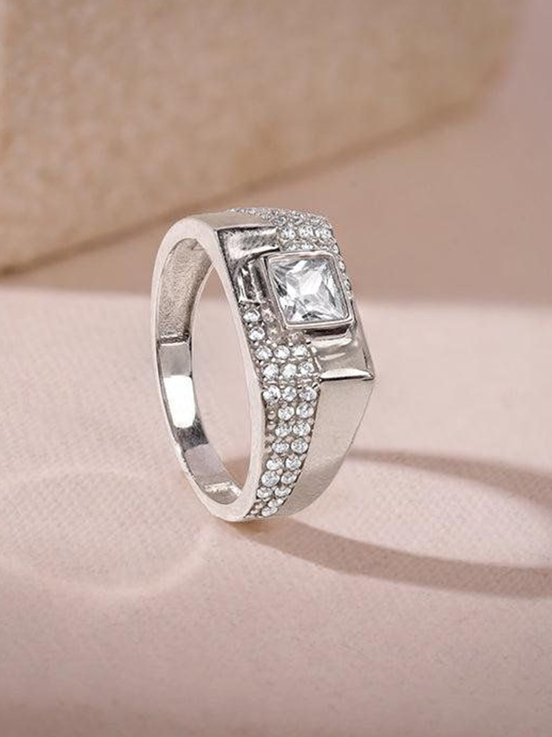 GIVA Men 925 Sliver Rhodium-Plated Zircon Studded Regal Square Finger Ring