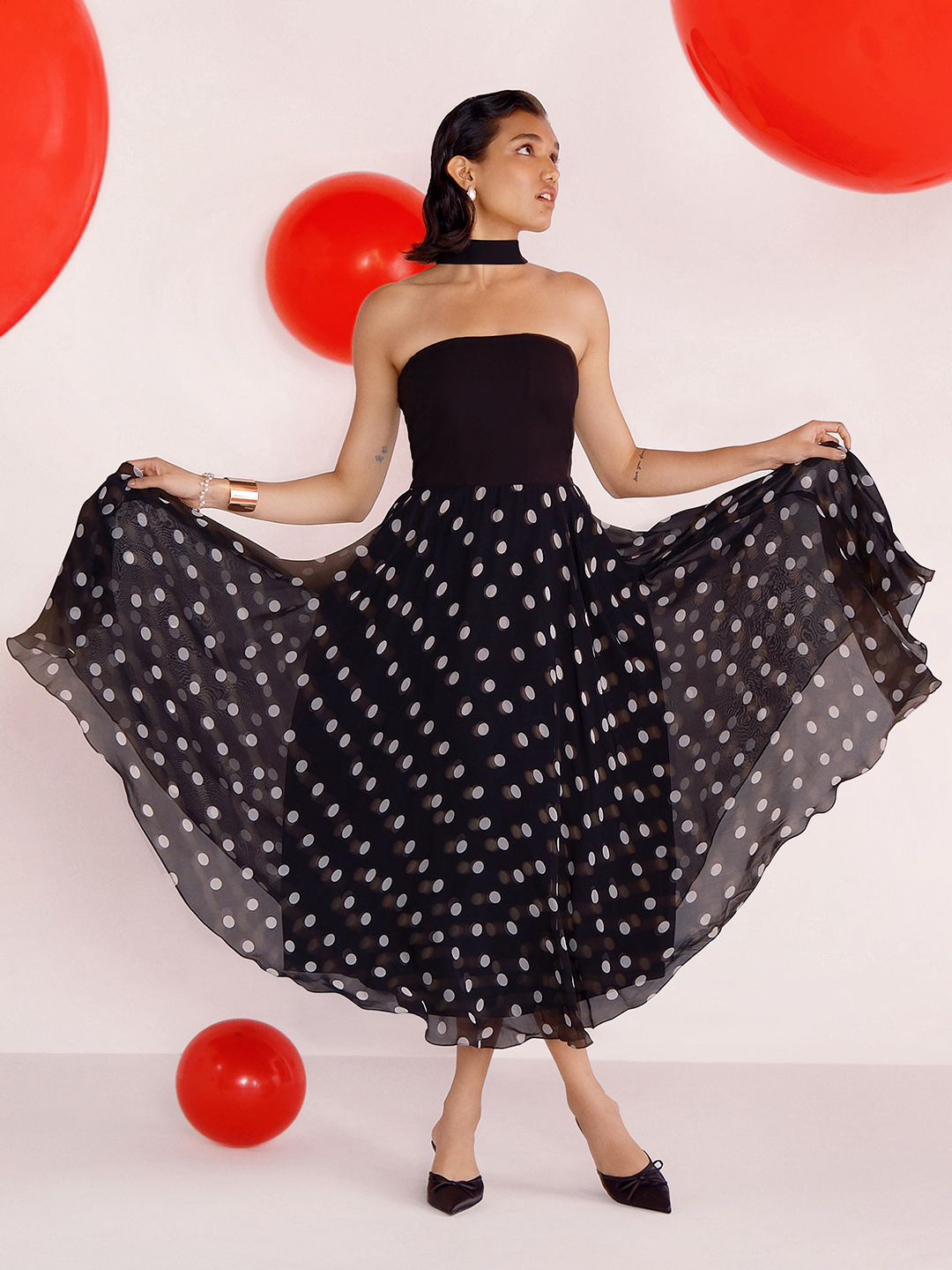 AND Polka Dot Printed Strapless Fit & Flare Midi Dress