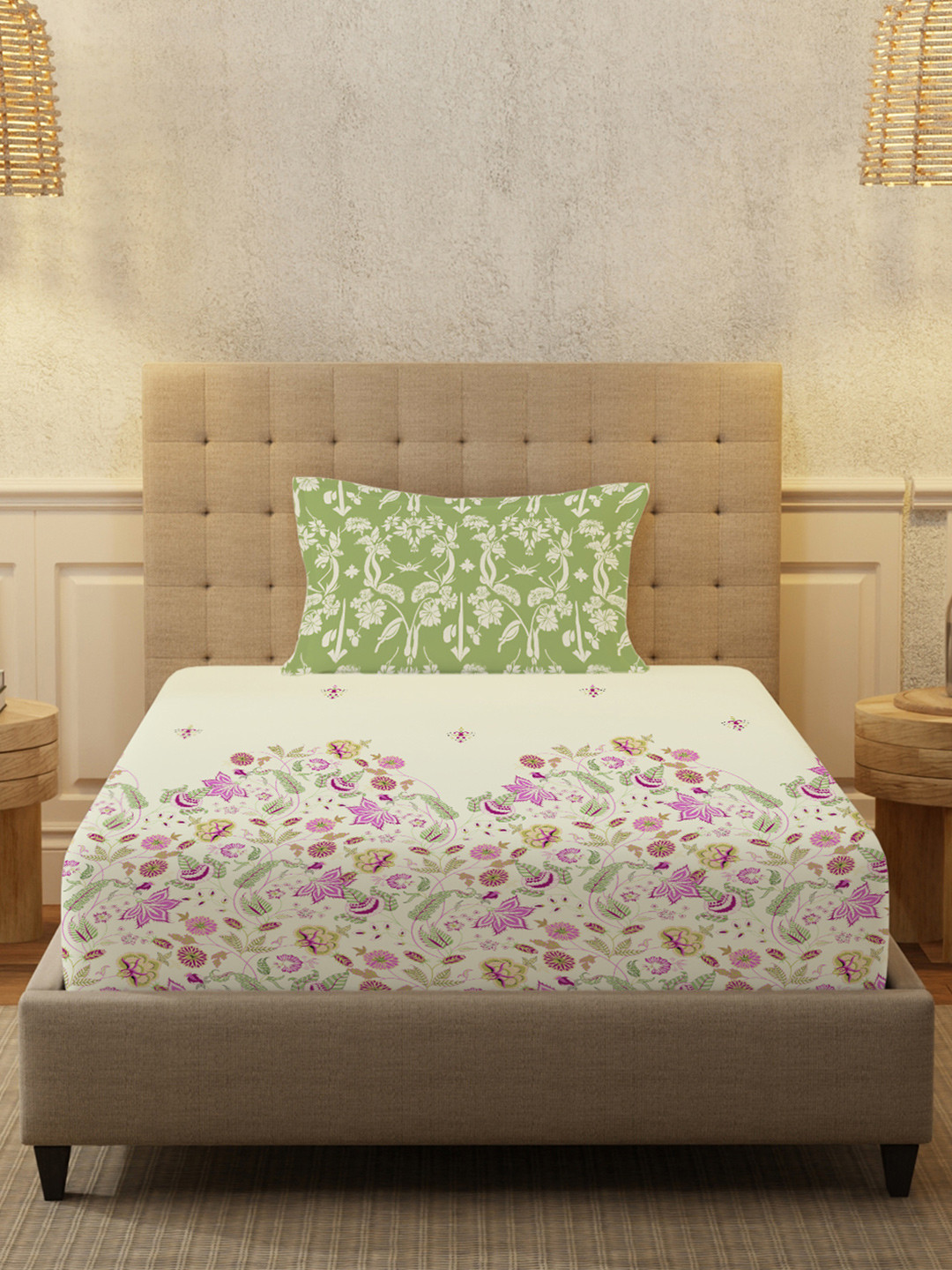 URBAN SPACE Gardens Floral Printed Cotton 200 TC Single Bedsheet With 2 Pillow Covers