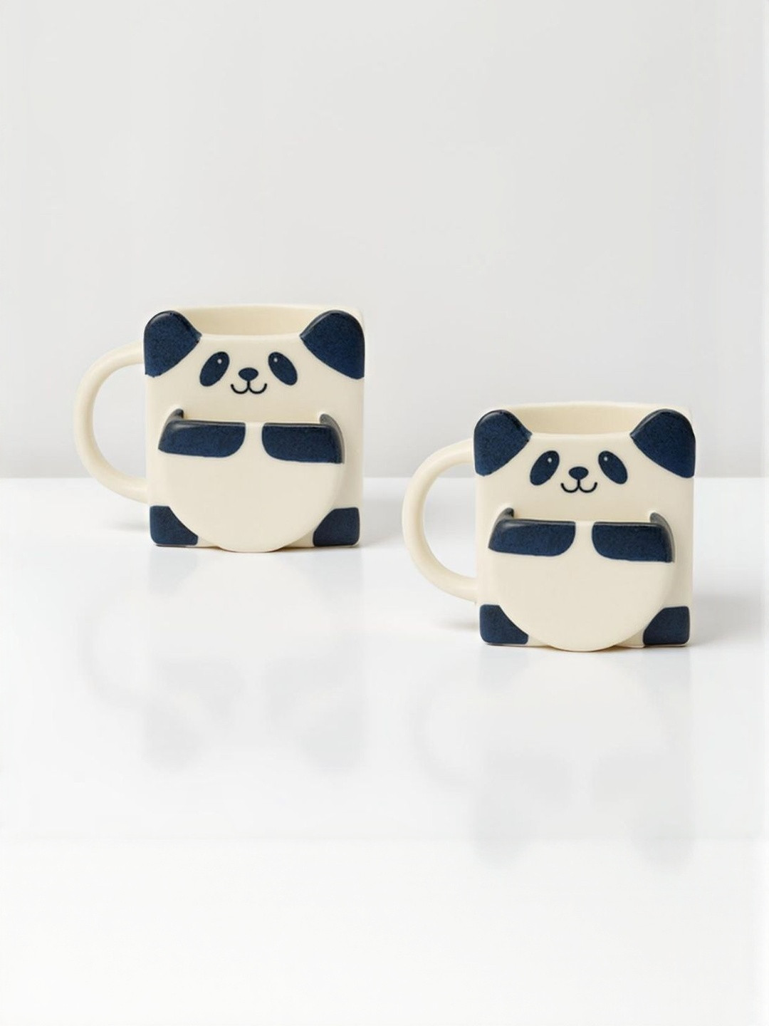 Kraftlik Handicraft Set of 2 White Handcrafted Panda Biscuit Ceramic Mugs