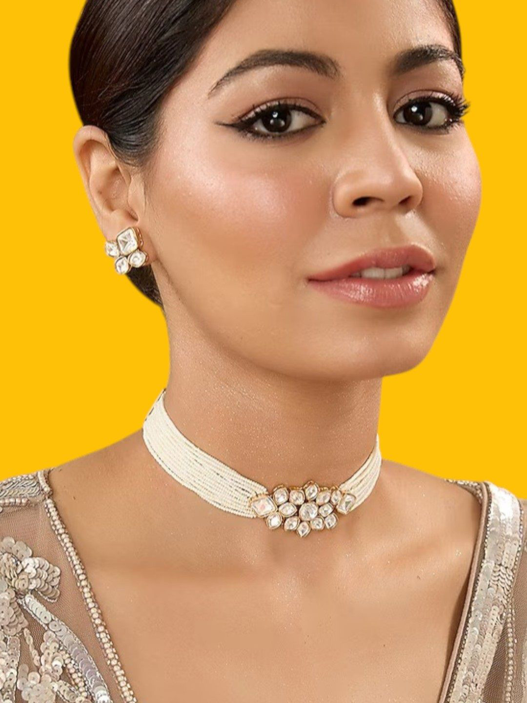 AURAA TRENDS Gold-Plated Kundan Stone Studded & Beaded Strings Choker Jewellery Set
