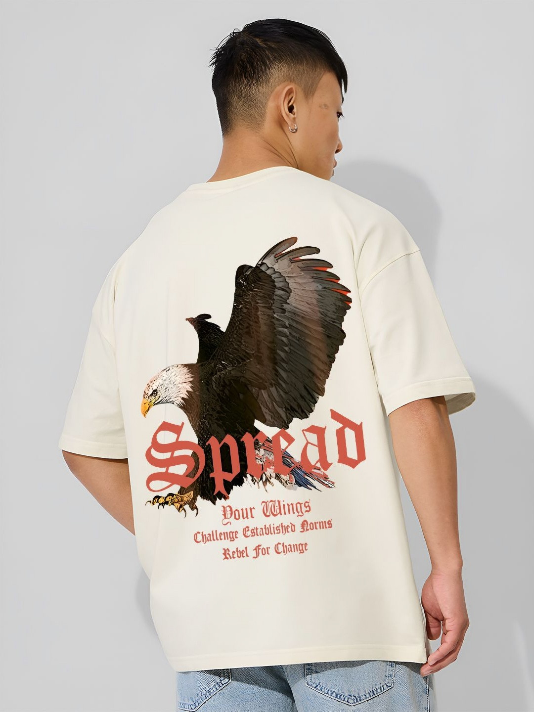 ANGERHOOD Graphic Eagle Printed Drop-Shoulder Sleeves Oversized Cotton T-shirt