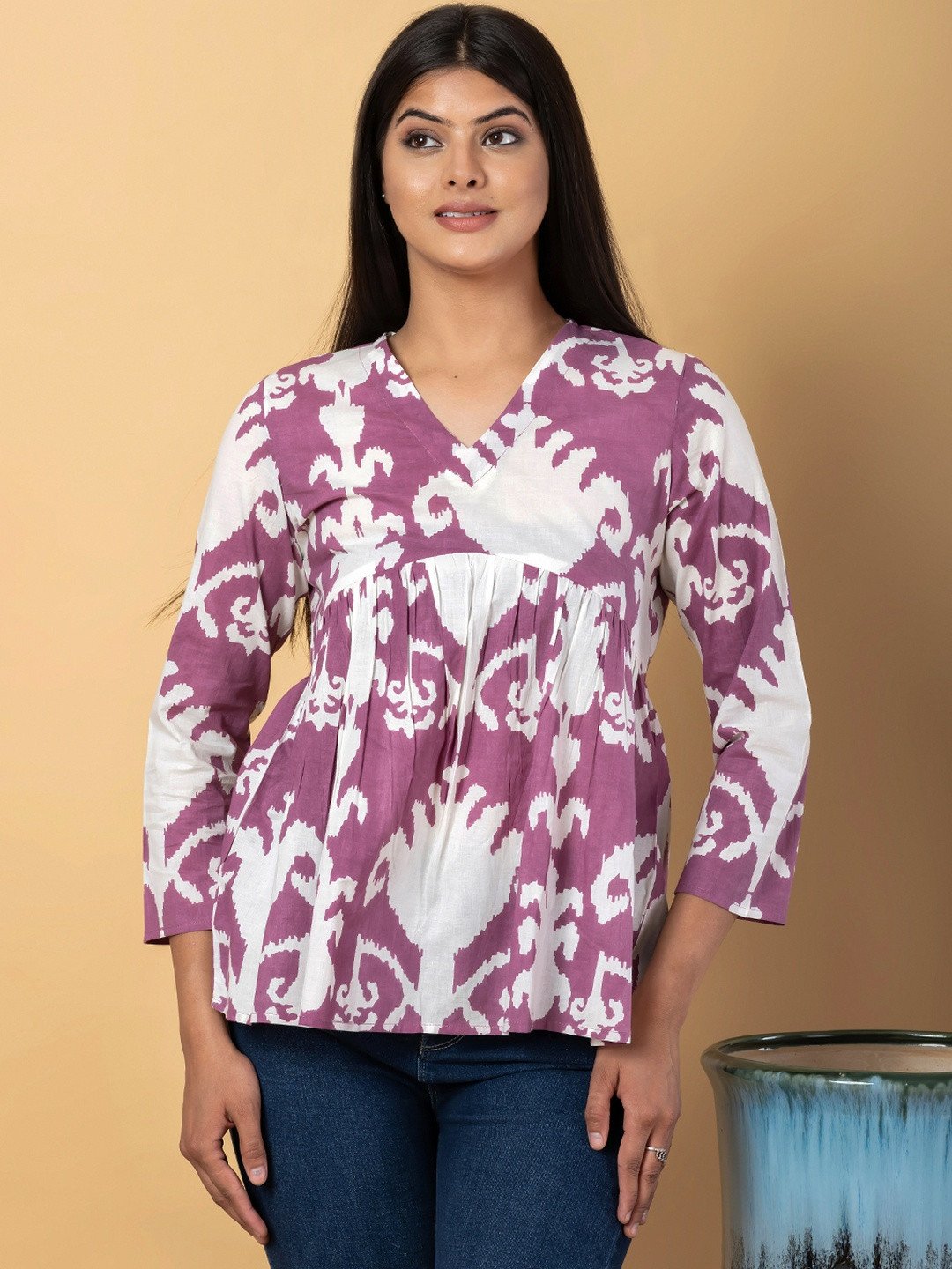 CORSICA Mauve And White Cotton Peplum Top