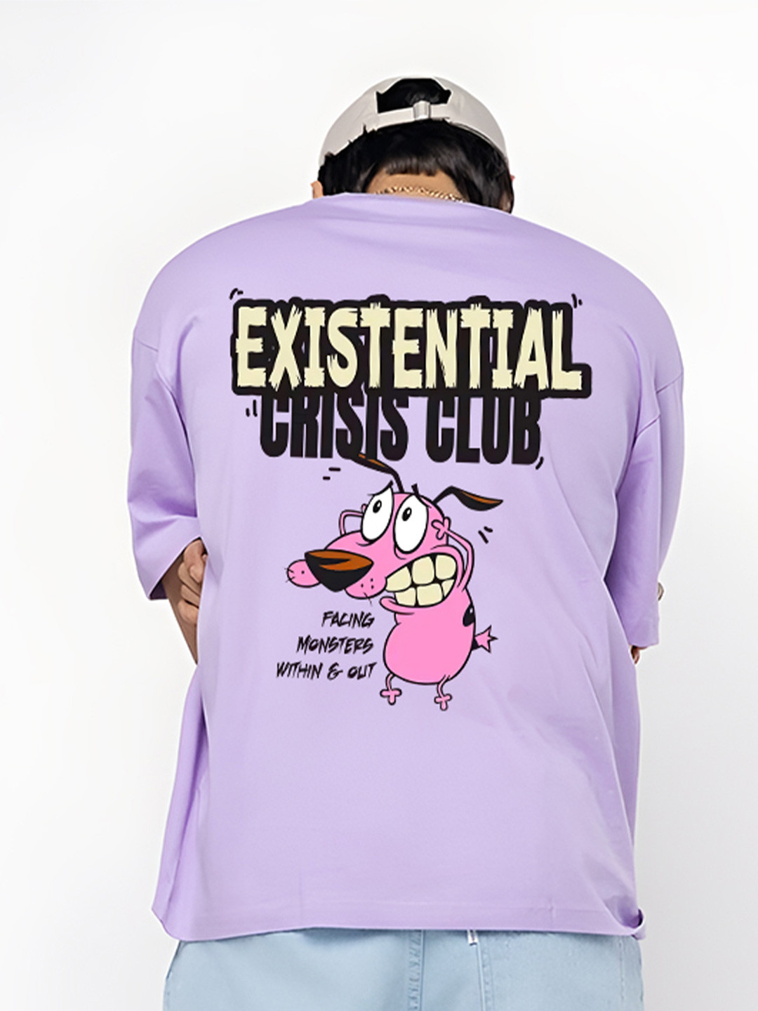BDSQUARE Men Cowardly Dog Graphic Printed Round Neck Cotton Oversized T-shirt