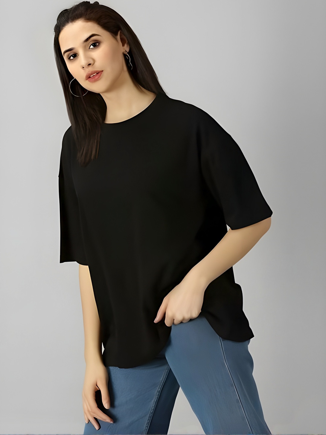 SZN Women Black Plain Cotton  T-shirt