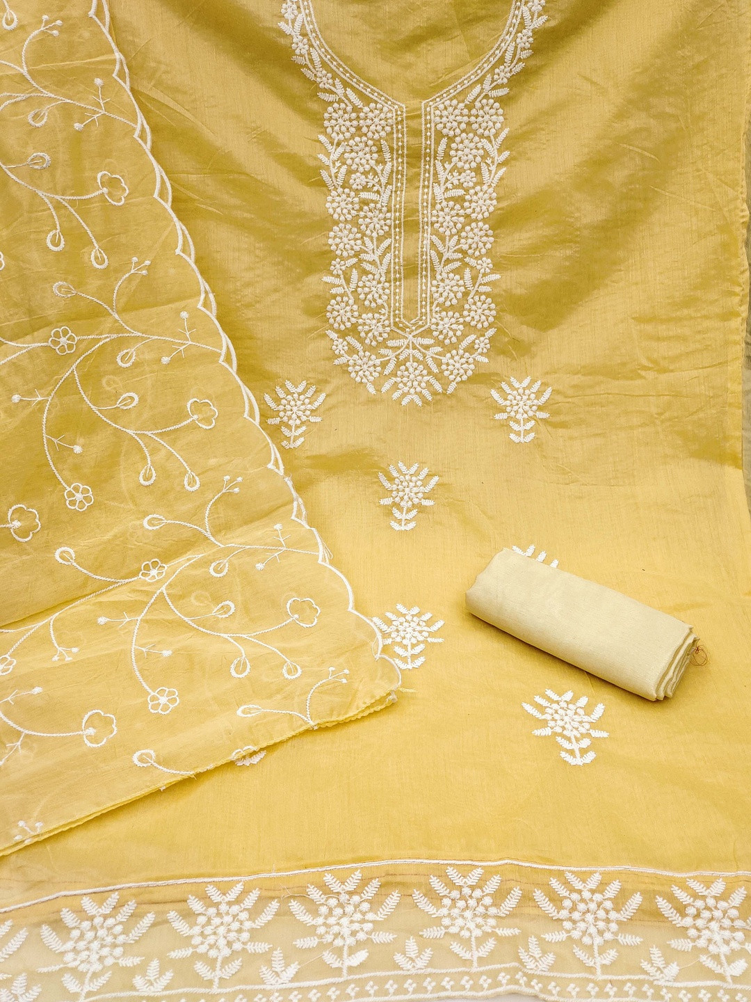 KALINI Yellow Chanderi Cotton Embroidered Unstitched Dress Material With Dupatta