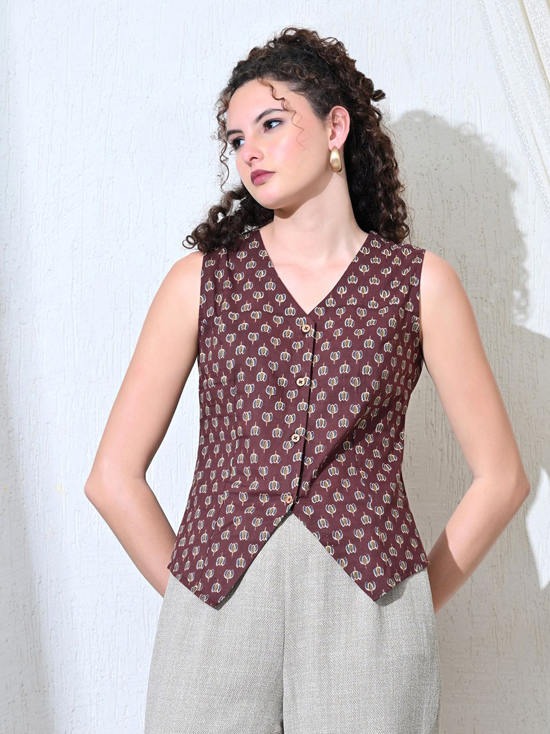 KALAMIR Gili Mitti Floral Printed V-Neck Cotton Vest Top