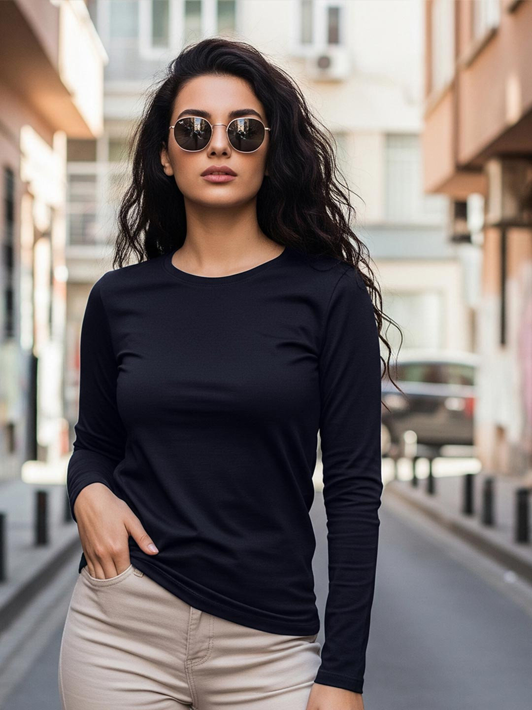 JUNEBERRY Women Navy Blue Solid Round Neck Regular Fit Pure Cotton Full Sleeve T-Shirt